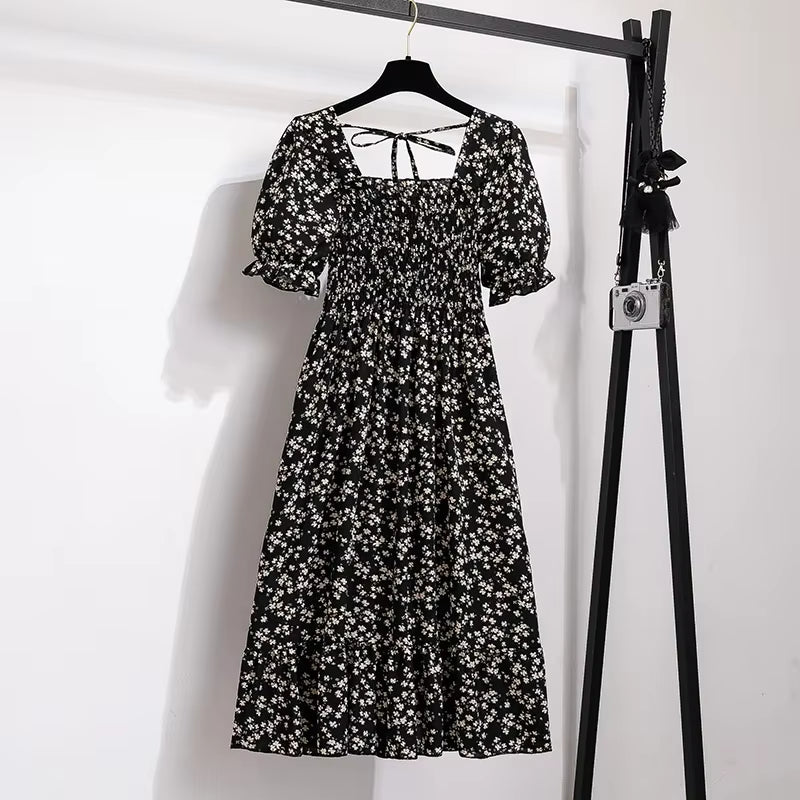 Chic Spring/Summer Chiffon A-Line Dress for Women - Elastic Waist, Short Sleeve, Pleated Casual Style