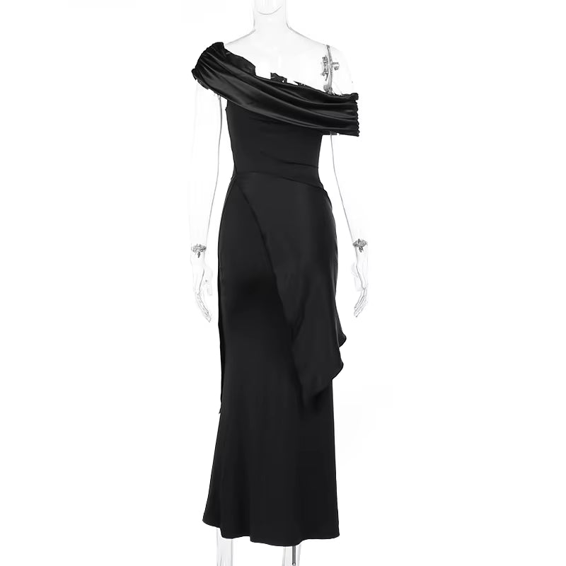 Elegant Black Slash Neck Maxi Dress - Stylish Short Sleeve Bodycon Evening Gown for Women