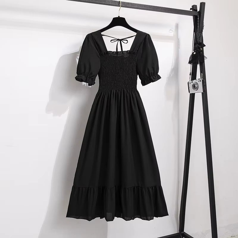 Chic Spring/Summer Chiffon A-Line Dress for Women - Elastic Waist, Short Sleeve, Pleated Casual Style