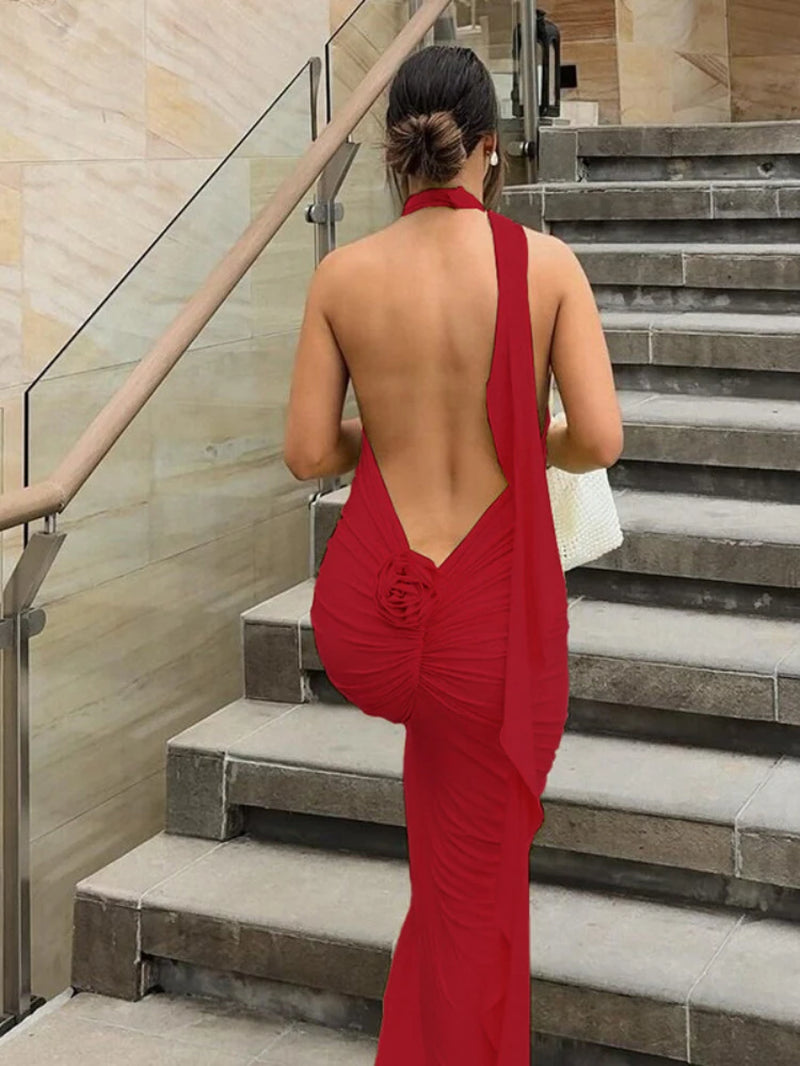 Elegant Floral-Applique Halter Backless Maxi Dress - Long Party Dress for Women Summer 2024