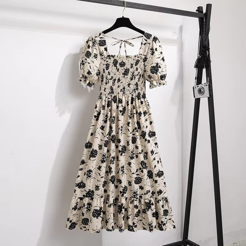 Chic Spring/Summer Chiffon A-Line Dress for Women - Elastic Waist, Short Sleeve, Pleated Casual Style