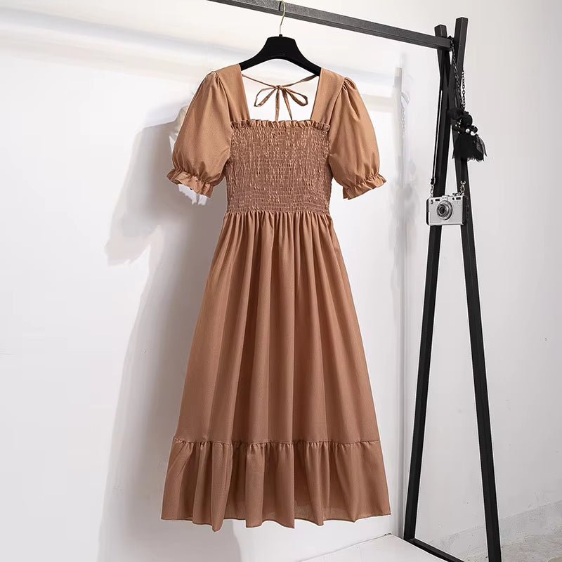 Chic Spring/Summer Chiffon A-Line Dress for Women - Elastic Waist, Short Sleeve, Pleated Casual Style