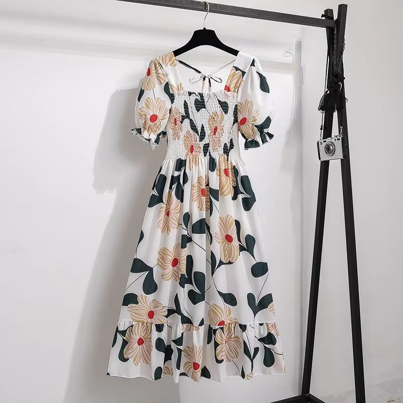 Chic Spring/Summer Chiffon A-Line Dress for Women - Elastic Waist, Short Sleeve, Pleated Casual Style