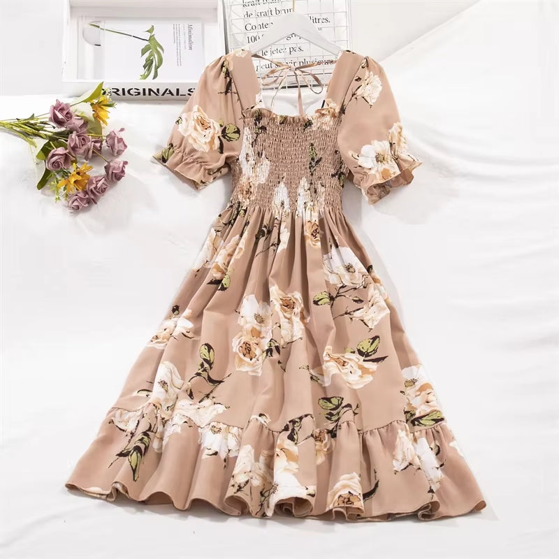 Chic Spring/Summer Chiffon A-Line Dress for Women - Elastic Waist, Short Sleeve, Pleated Casual Style