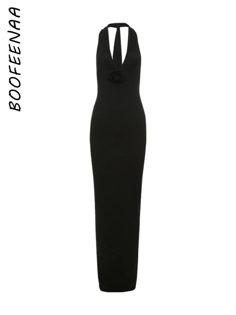 Elegant Floral-Applique Halter Backless Maxi Dress - Long Party Dress for Women Summer 2024