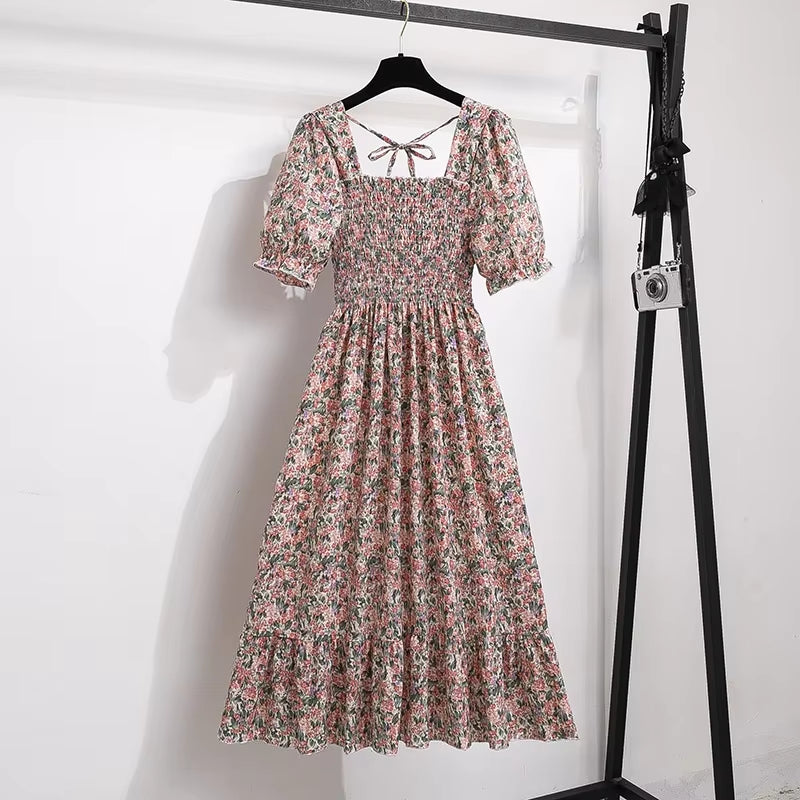 Chic Spring/Summer Chiffon A-Line Dress for Women - Elastic Waist, Short Sleeve, Pleated Casual Style