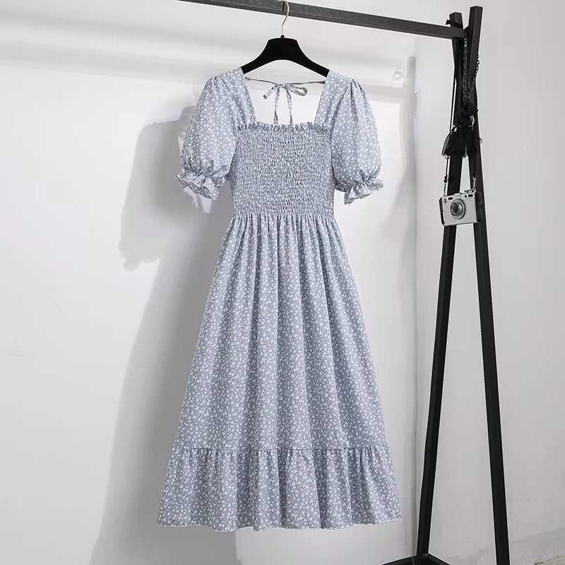 Chic Spring/Summer Chiffon A-Line Dress for Women - Elastic Waist, Short Sleeve, Pleated Casual Style