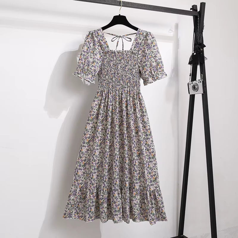 Chic Spring/Summer Chiffon A-Line Dress for Women - Elastic Waist, Short Sleeve, Pleated Casual Style