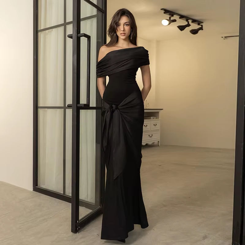 Elegant Black Slash Neck Maxi Dress - Stylish Short Sleeve Bodycon Evening Gown for Women