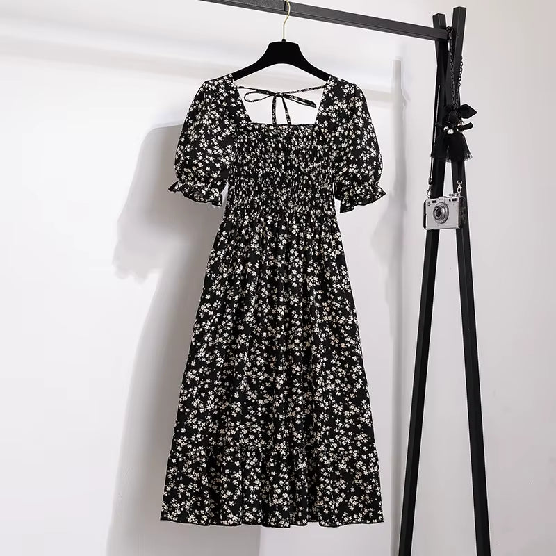 Chic Spring/Summer Chiffon A-Line Dress for Women - Elastic Waist, Short Sleeve, Pleated Casual Style