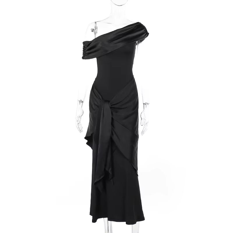 Elegant Black Slash Neck Maxi Dress - Stylish Short Sleeve Bodycon Evening Gown for Women