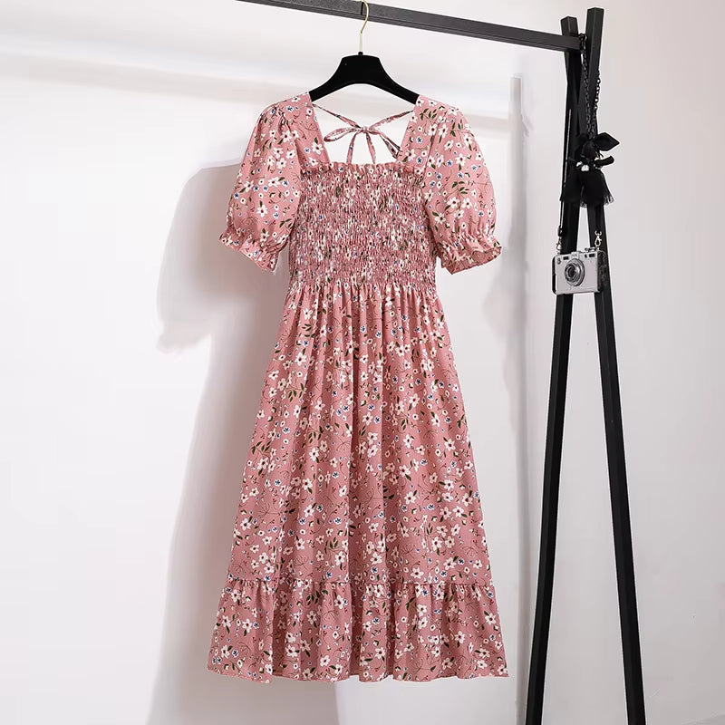 Chic Spring/Summer Chiffon A-Line Dress for Women - Elastic Waist, Short Sleeve, Pleated Casual Style