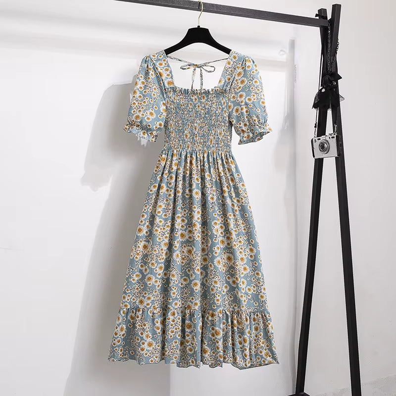 Chic Spring/Summer Chiffon A-Line Dress for Women - Elastic Waist, Short Sleeve, Pleated Casual Style