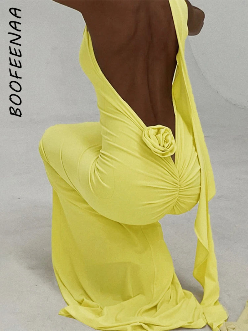 Elegant Floral-Applique Halter Backless Maxi Dress - Long Party Dress for Women Summer 2024