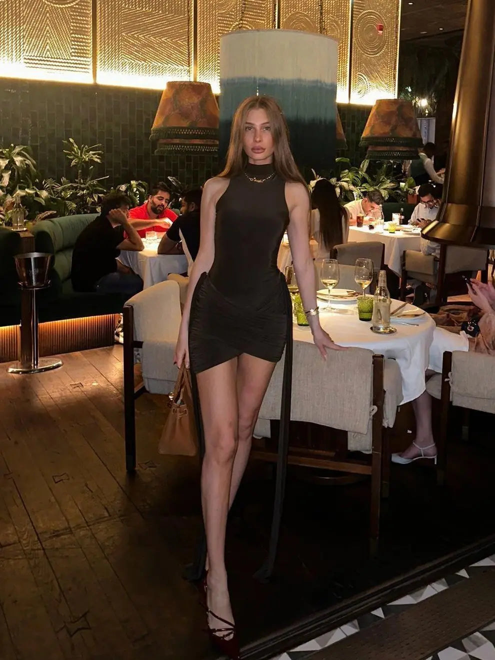 Elegant Sleeveless High Neck Lace-Up Dress for Women - Perfect for Parties and Evening Events
