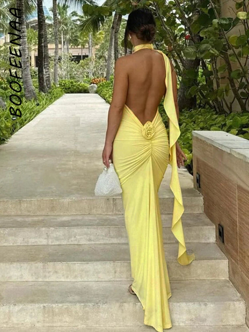 Elegant Floral-Applique Halter Backless Maxi Dress - Long Party Dress for Women Summer 2024