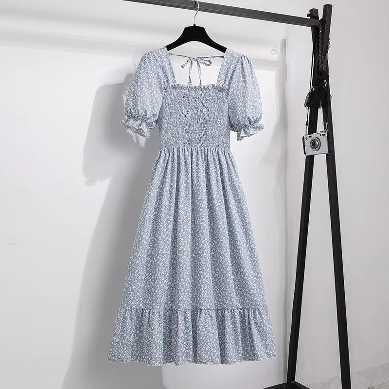 Chic Spring/Summer Chiffon A-Line Dress for Women - Elastic Waist, Short Sleeve, Pleated Casual Style