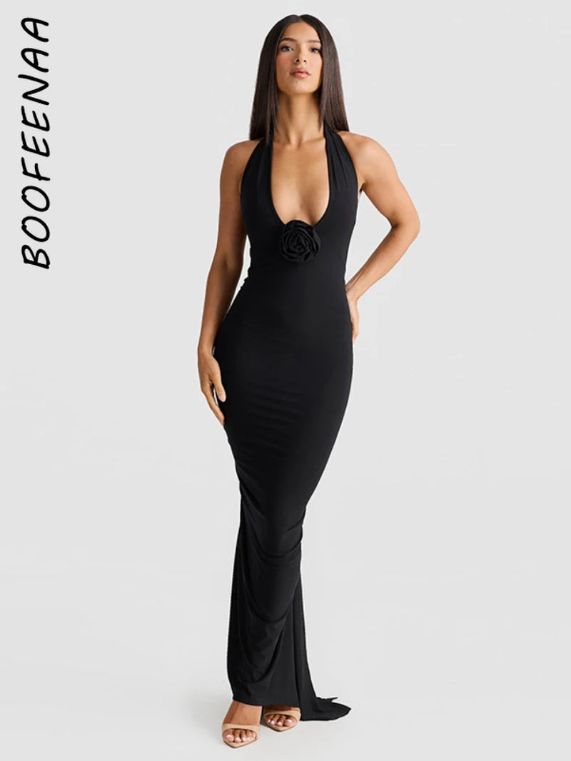 Elegant Floral-Applique Halter Backless Maxi Dress - Long Party Dress for Women Summer 2024