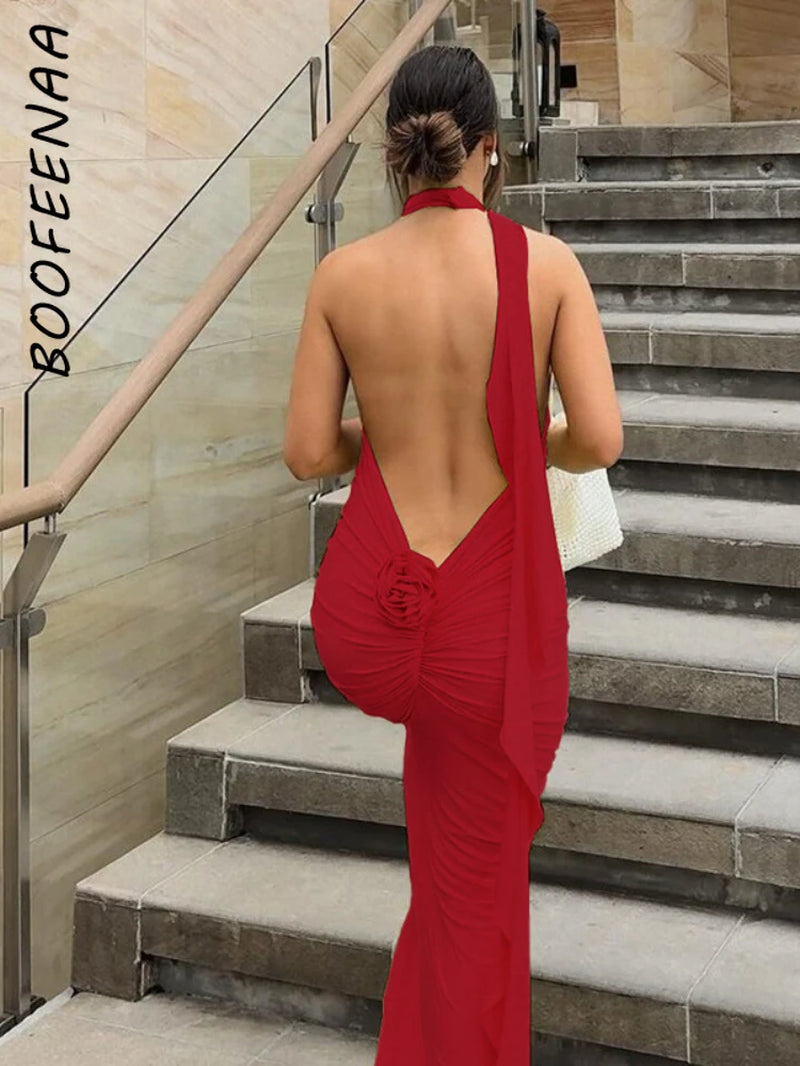 Elegant Floral-Applique Halter Backless Maxi Dress - Long Party Dress for Women Summer 2024
