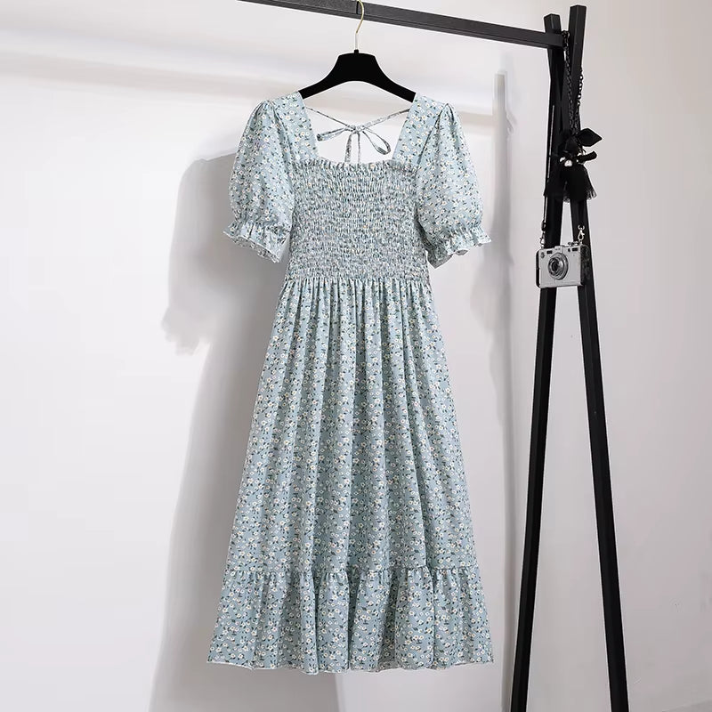 Chic Spring/Summer Chiffon A-Line Dress for Women - Elastic Waist, Short Sleeve, Pleated Casual Style