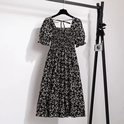 Chic Spring/Summer Chiffon A-Line Dress for Women - Elastic Waist, Short Sleeve, Pleated Casual Style