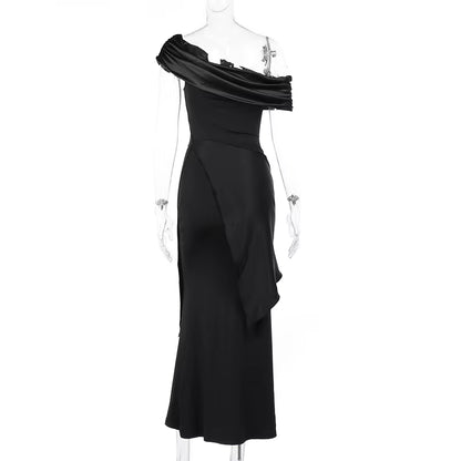 Elegant Black Slash Neck Maxi Dress - Stylish Short Sleeve Bodycon Evening Gown for Women
