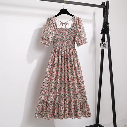 Chic Spring/Summer Chiffon A-Line Dress for Women - Elastic Waist, Short Sleeve, Pleated Casual Style