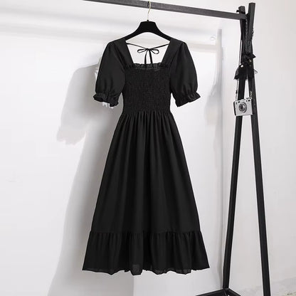 Chic Spring/Summer Chiffon A-Line Dress for Women - Elastic Waist, Short Sleeve, Pleated Casual Style