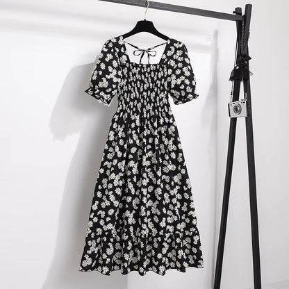 Chic Spring/Summer Chiffon A-Line Dress for Women - Elastic Waist, Short Sleeve, Pleated Casual Style