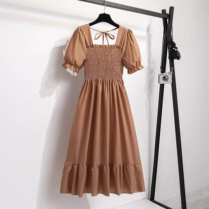 Chic Spring/Summer Chiffon A-Line Dress for Women - Elastic Waist, Short Sleeve, Pleated Casual Style