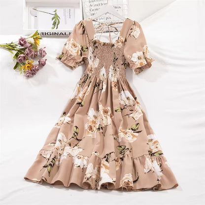 Chic Spring/Summer Chiffon A-Line Dress for Women - Elastic Waist, Short Sleeve, Pleated Casual Style
