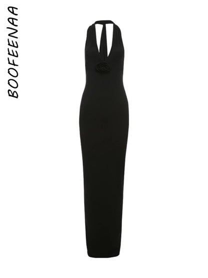 Elegant Floral-Applique Halter Backless Maxi Dress -  Long Party Dress for Women Summer 2024