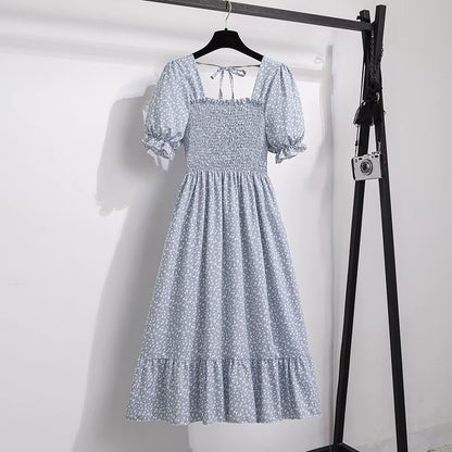 Chic Spring/Summer Chiffon A-Line Dress for Women - Elastic Waist, Short Sleeve, Pleated Casual Style