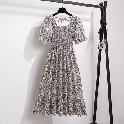 Chic Spring/Summer Chiffon A-Line Dress for Women - Elastic Waist, Short Sleeve, Pleated Casual Style