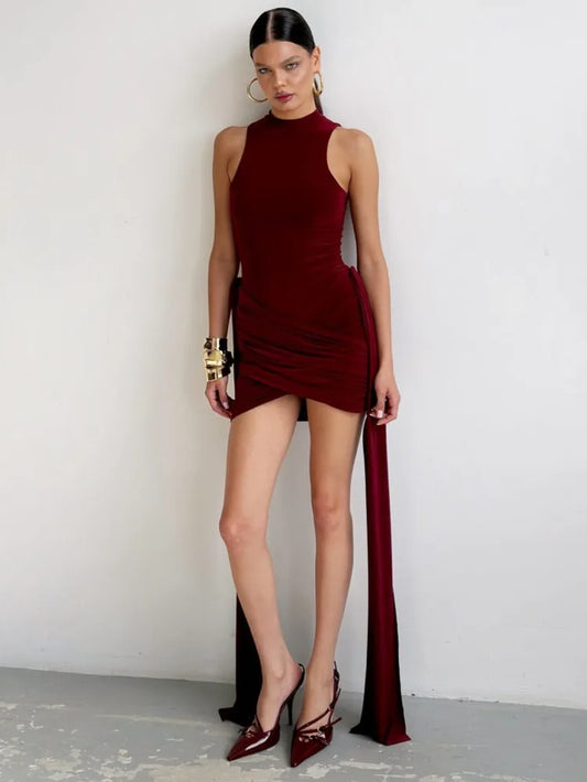 Elegant Sleeveless High Neck Lace-Up Dress for Women - Perfect for Parties and Evening Events