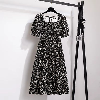 Chic Spring/Summer Chiffon A-Line Dress for Women - Elastic Waist, Short Sleeve, Pleated Casual Style
