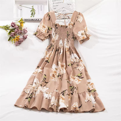 Chic Spring/Summer Chiffon A-Line Dress for Women - Elastic Waist, Short Sleeve, Pleated Casual Style