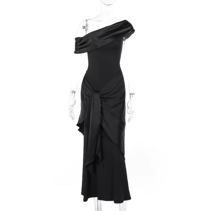 Elegant Black Slash Neck Maxi Dress - Stylish Short Sleeve Bodycon Evening Gown for Women