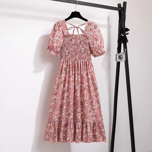 Chic Spring/Summer Chiffon A-Line Dress for Women - Elastic Waist, Short Sleeve, Pleated Casual Style