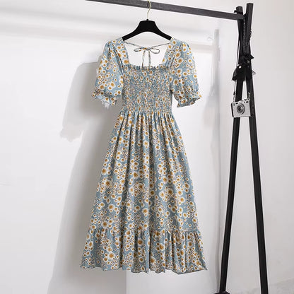 Chic Spring/Summer Chiffon A-Line Dress for Women - Elastic Waist, Short Sleeve, Pleated Casual Style