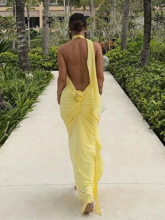 Elegant Floral-Applique Halter Backless Maxi Dress -  Long Party Dress for Women Summer 2024