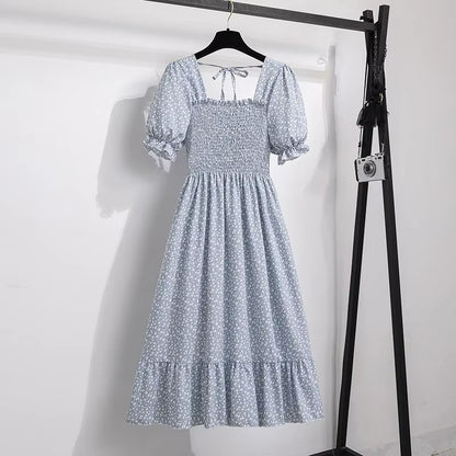 Chic Spring/Summer Chiffon A-Line Dress for Women - Elastic Waist, Short Sleeve, Pleated Casual Style