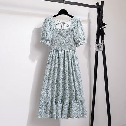 Chic Spring/Summer Chiffon A-Line Dress for Women - Elastic Waist, Short Sleeve, Pleated Casual Style